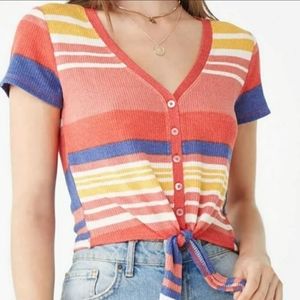 Striped Faux Button top With Front Tie - M
